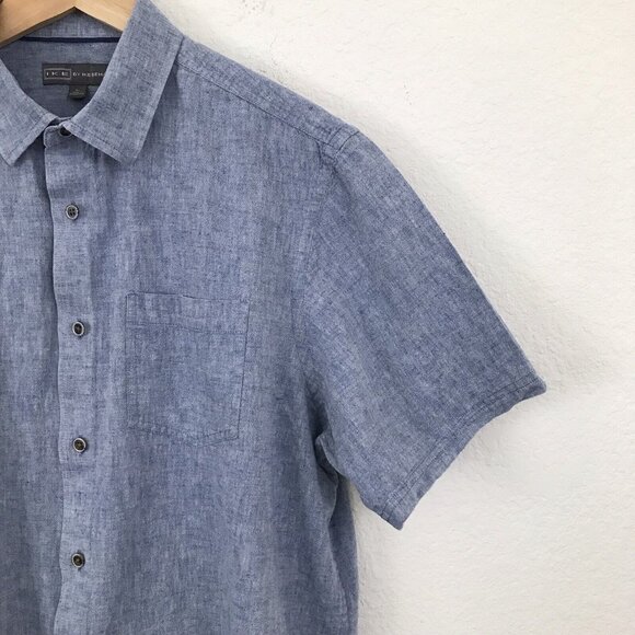 Ike Behar Short Sleeve Linen/Cotton Button Down Blue Shirt | size L - Picture 5 of 11